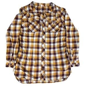 Duluth Trading Co Long Sleeve Plaid Shirt Womens M V Neck Collarless Button Down